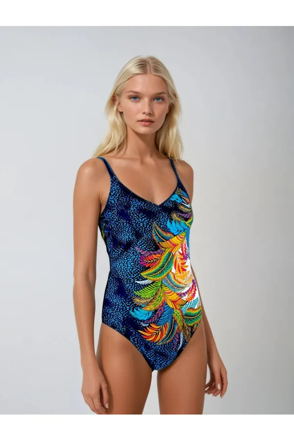 Maillot de bain femme bleu marine à motif feuilles tropicales HZL25S-LC0046