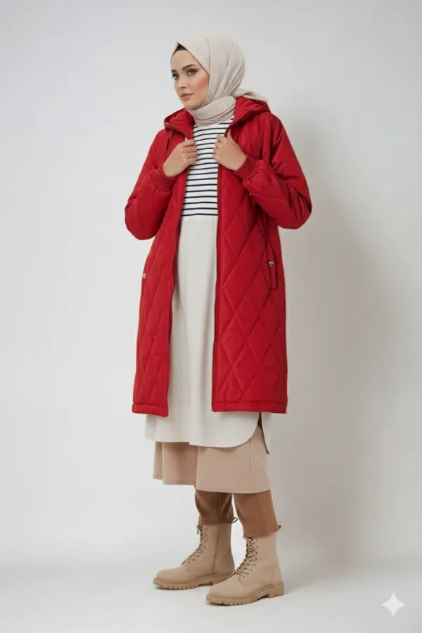 Women's Burgundy Long Quilted Lined Puffer Coat HZL25W-BD151381