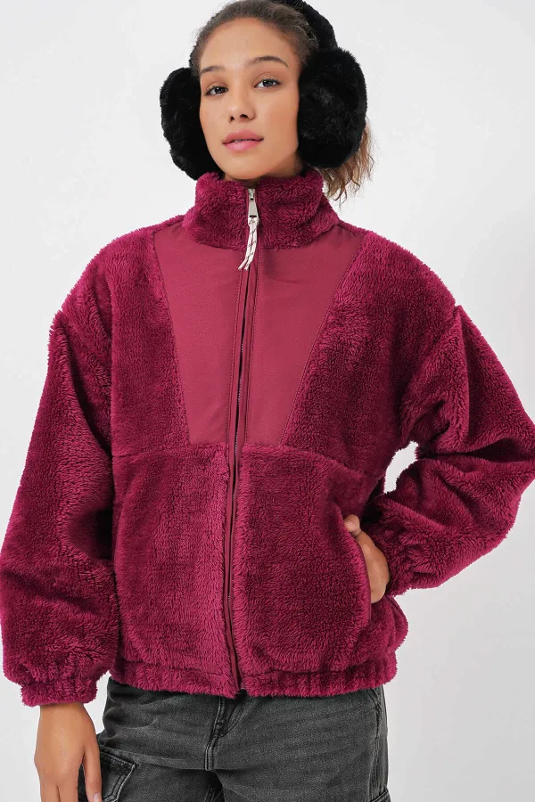 Veste zippée bordeaux imprimée en fausse peau de mouton pour femme, doublée de peluche HZL25W-BD151941