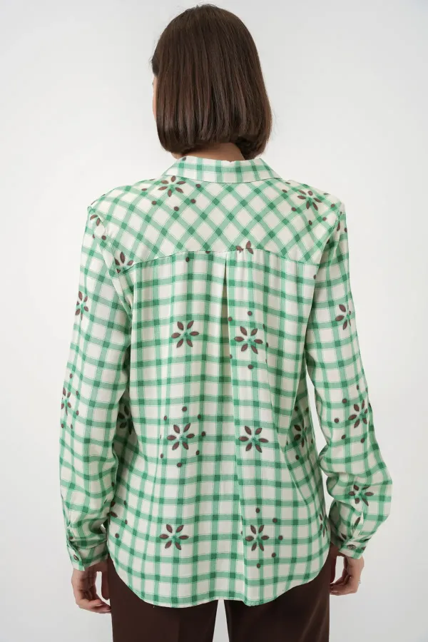 Women's Patterned Oversize Viscose Shirt 20371 - Green