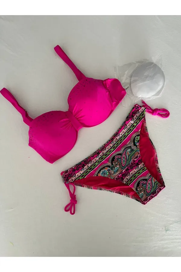 Kadın Fuşya Taş İşlemeli Desenli 3 Parça Bikini Takım HZL25S-LC3326