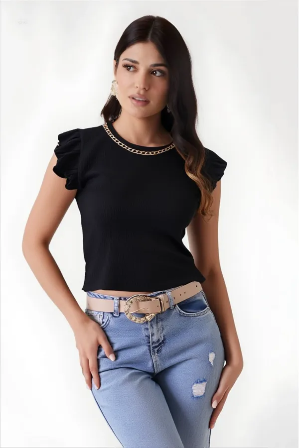 Kadın Siyah Fırfır Kollu Zincir Kolyeli Örme Bluz HZL22S-BD104301