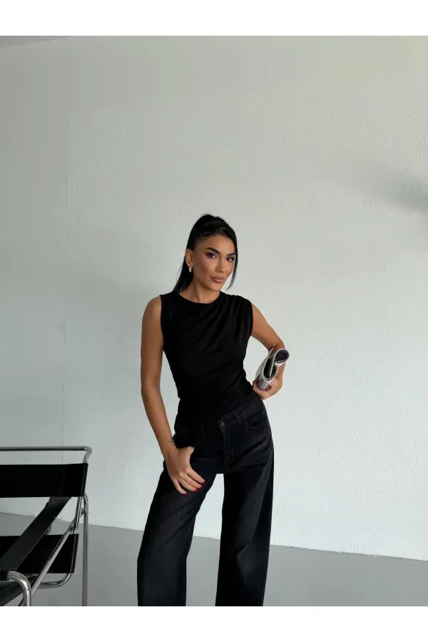 Kadın Siyah Büzgülü Kolsuz Sandy Bluz HZL26W-FRY122751