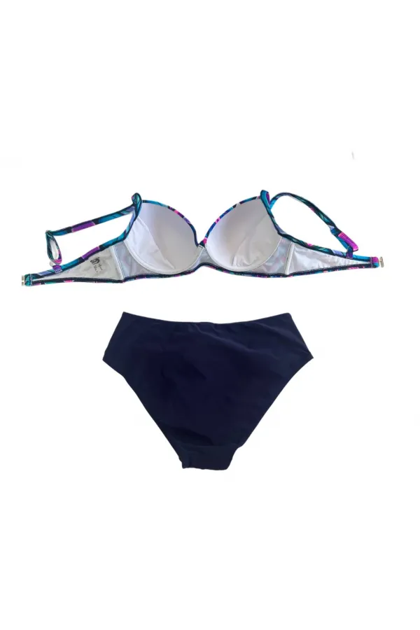 Women's Navy Blue Yellow Floral Patterned Lined Plus Size Bikini Set HZL25S-LC24108