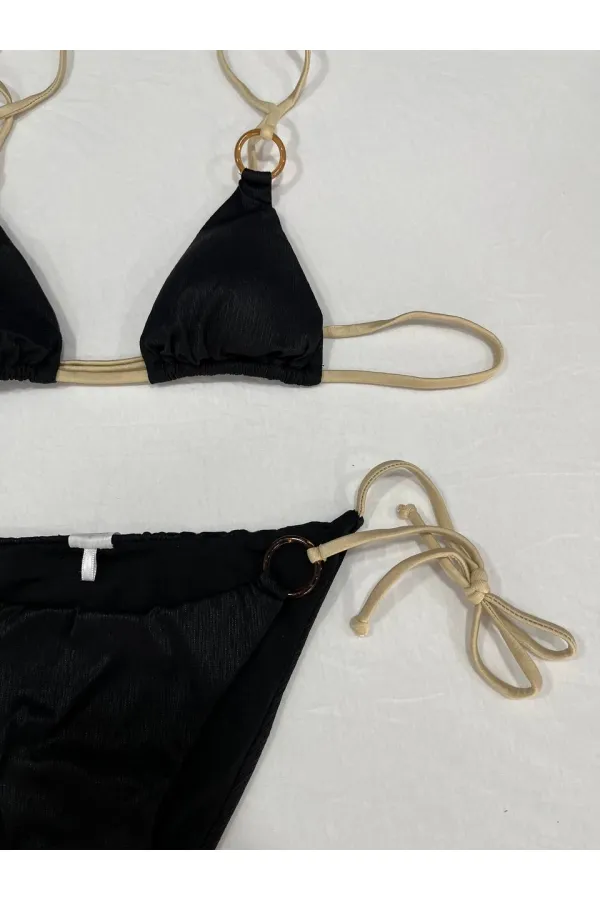Kadın Siyah Halka Detaylı İp Bağlamalı Astarlı Bikini Takım HZL25S-AR1617