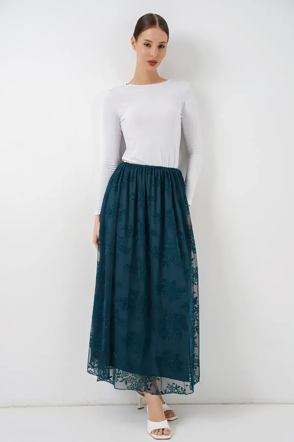 Jupe longue en tulle imprimé floqué pour femme 8070 - Pétrole