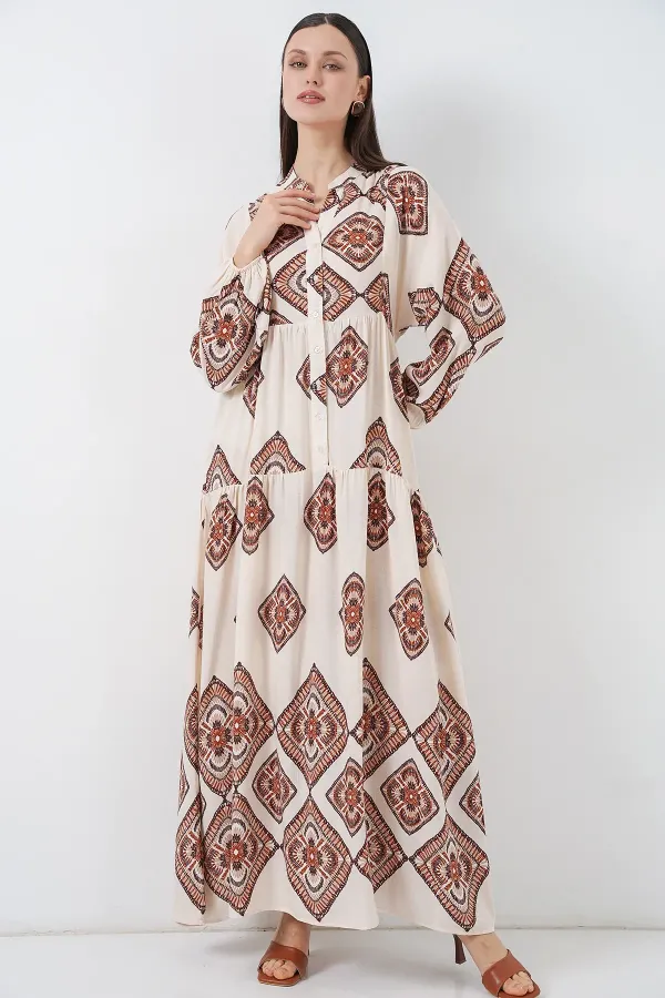 Kadın Desenli Uzun Tesettür Elbise 2585 - Ekru Kahve