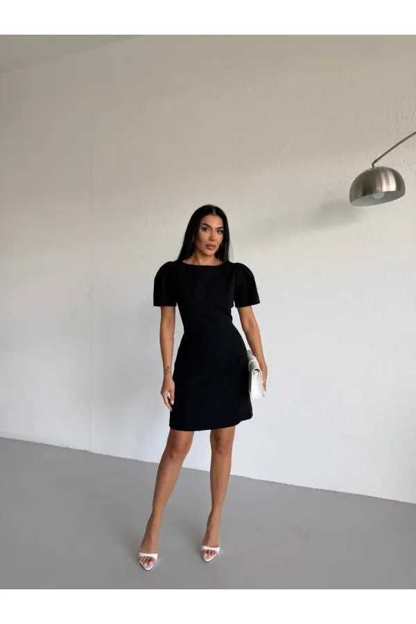 Women's Black Boat Neck Welt Pocket Short Sleeve Mini Dress HZL26S-FRY123891 Women's Black Boat Neck Welt Pocket Short Sleeve Mini Dress HZL26S-FRY123891