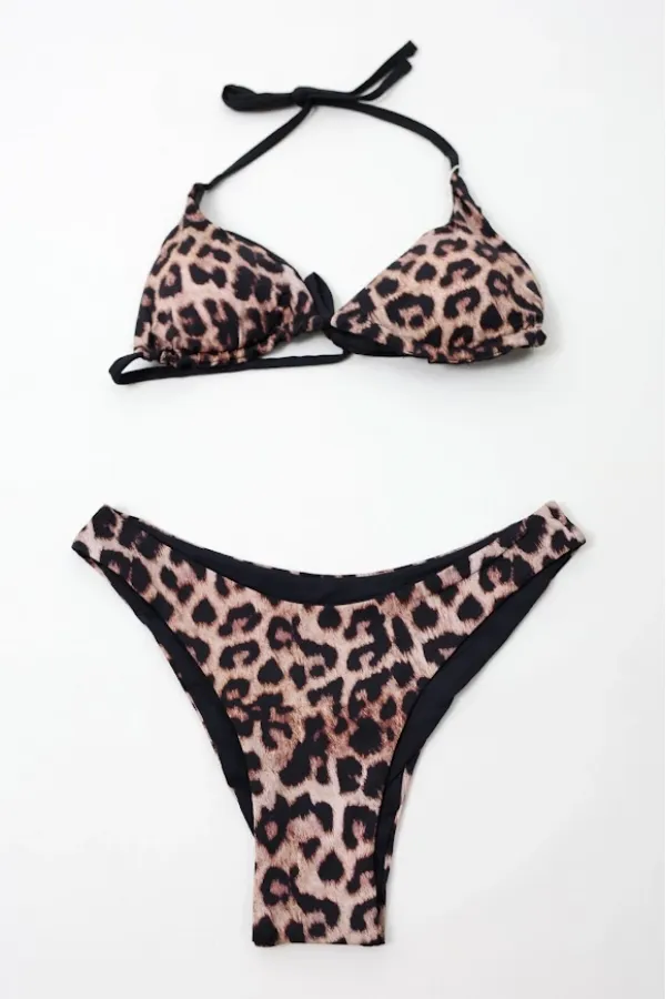Kadın Siyah Leopar İp Bağlamalı Astarlı Üçgen Bikini Takım HZL24S-LC204