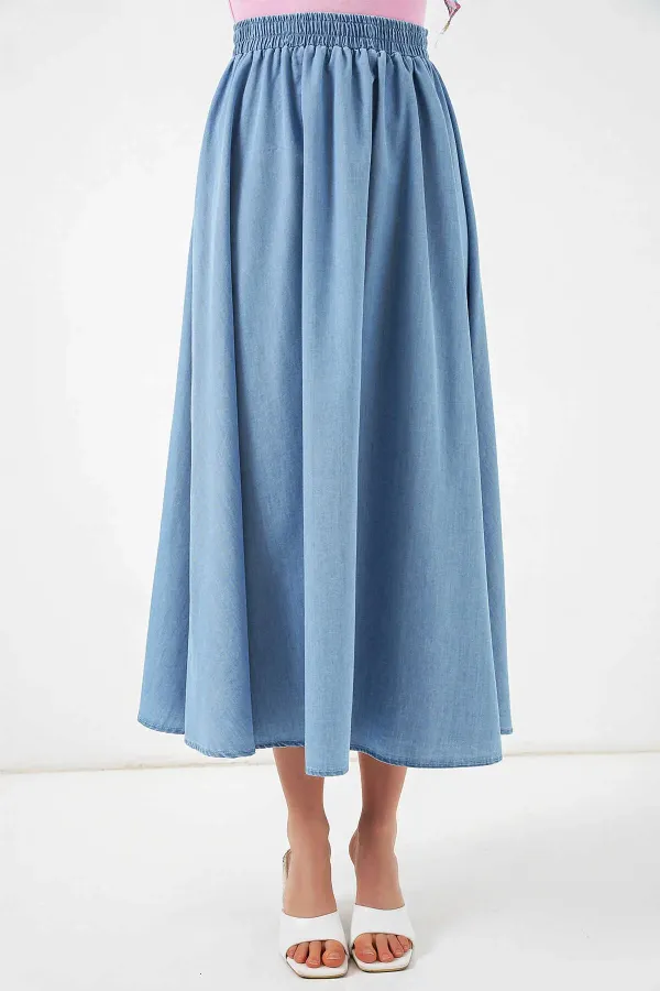Women's Light Blue Elastic Waist Long Denim Skirt HZL26W-BD180621