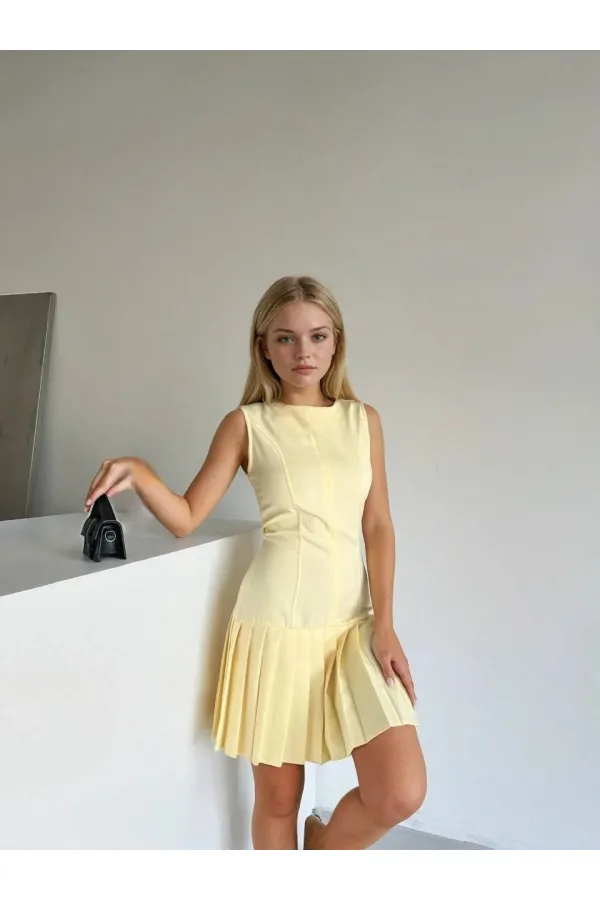 Robe sans manches jaune pour femme, tissu double importé HZL25W-FRY122651