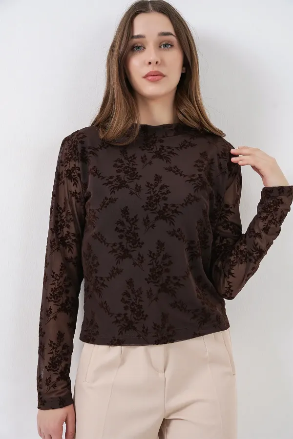 Women's Patterned Long-Sleeve Blouse 983 - Brown