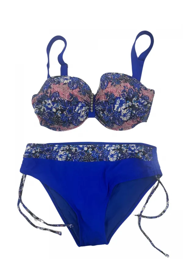 Kadın Mavi Çiçek Desenli Büyük Beden Astarlı Lacivert Bikini Takım HZL25S-LC3301