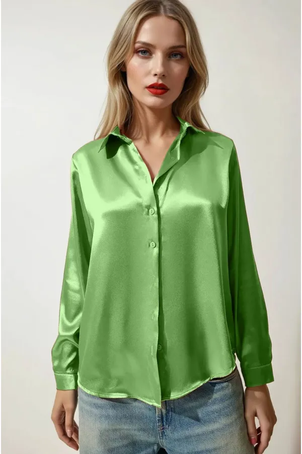 Women's Pistachio Green Lightly Flowing Satin Surface Shirt HZL22W-BD139641