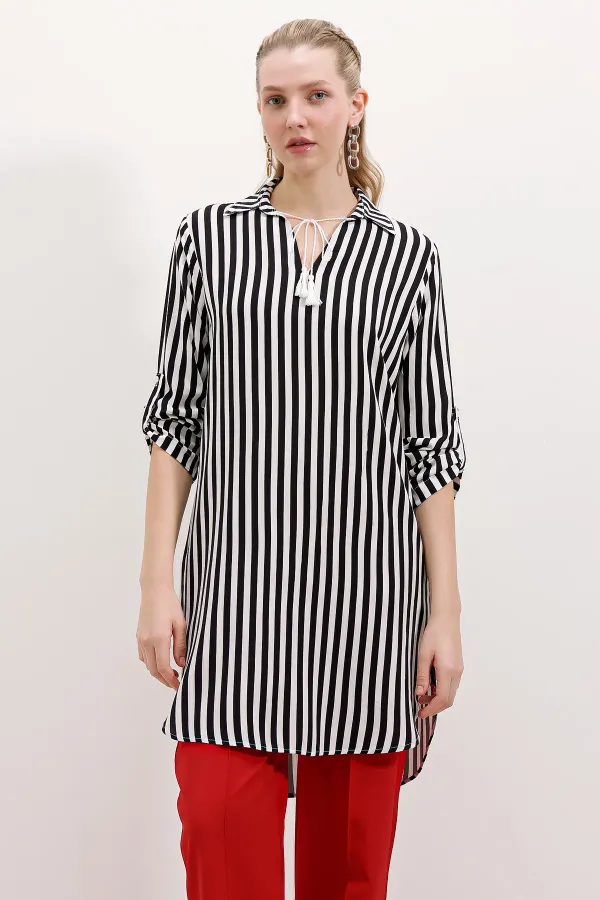 5613 Striped Tunic with Collar Tie - Black
