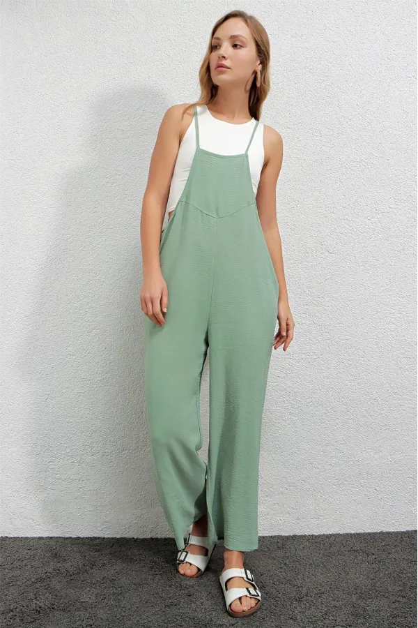 Women's Light Green Adjustable Strap Pocketed Wide Leg Overalls HZL22S-BD170191