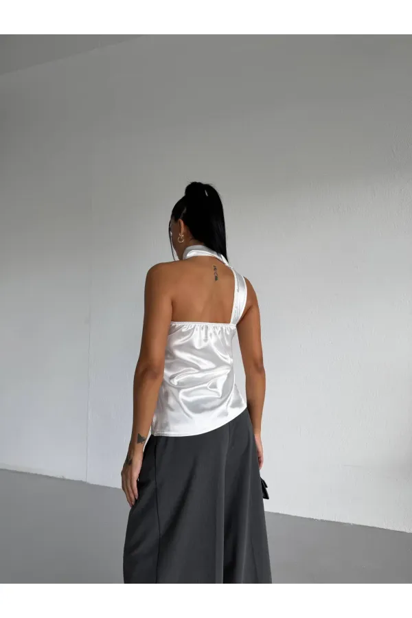 Chemisier asymétrique en satin blanc pour femme, col châle et encolure à nouer HZL26W-FRY123731