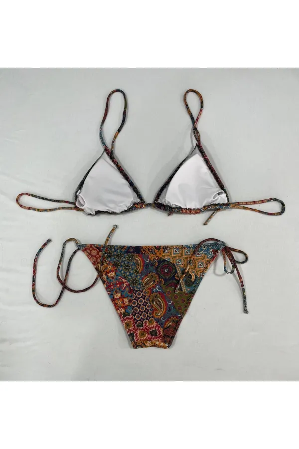 Ensemble bikini triangle dos nu à motif ethnique marron pour femme HZL25S-LC5005
