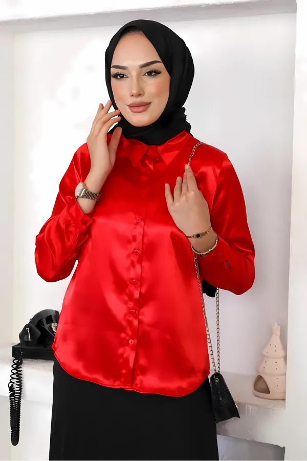 Chemise hijab rouge satinée pour femme HZL25W-BD139641