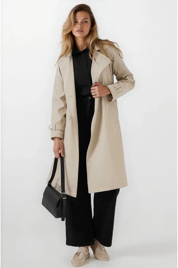 Women's Beige Double-Breasted Belted Lined Trench Coat HZL25W-BD159181