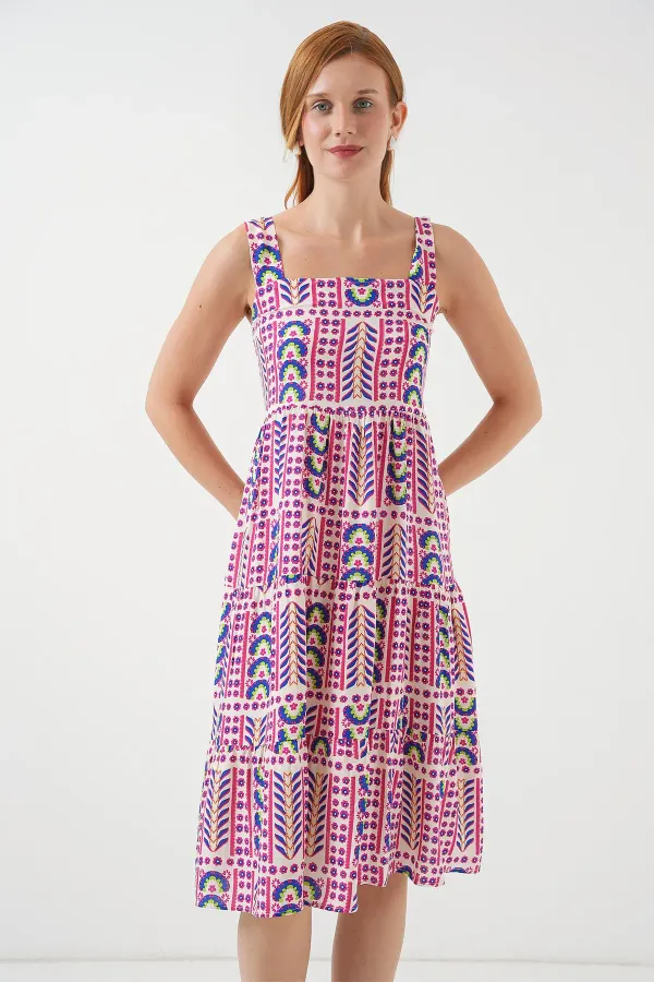 Robe midi à bretelles à motifs pour femme 2577 - Fuchsia