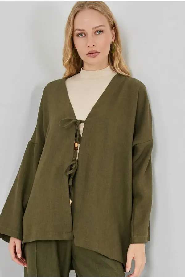 Kadın Haki Keten Bağlama Detaylı Kimono Pantolon İkili Takım HZL26S-BD167271