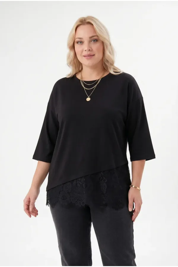 Women's Black Plus Size Crew Neck Short Sleeve T-Shirt with Tulle Detail HZL26S-ZSS19521 Women's Black Plus Size Crew Neck Short Sleeve T-Shirt with Tulle Detail HZL26S-ZSS19521