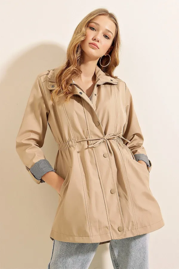 Trench-coat beige foncé doublé pour femme, avec poches et cordon de serrage à la taille, HZL22W-BD156691