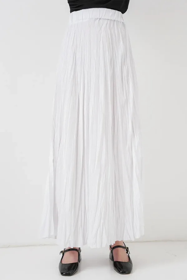 Kadın Uzun Kırışık Etek 8042 - Beyaz