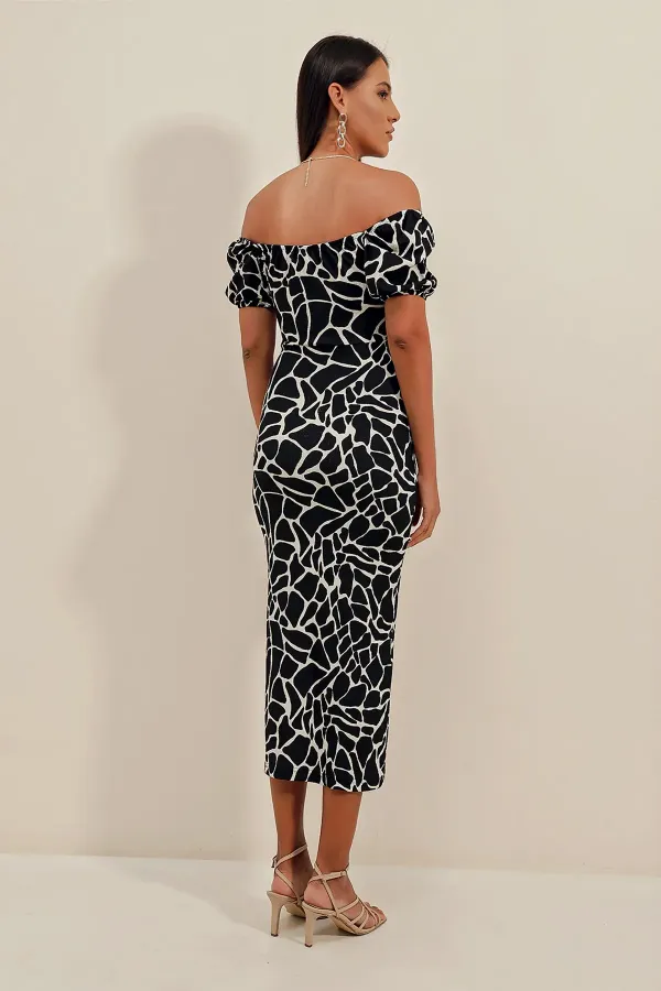 2396 Yırtmaçlı Yazlık Örme Elbise - A.Siyah