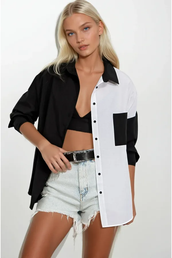 Kadın Siyah Beyaz Renk Bloklu Poplin Basic Gömlek HZL22S-BD1201161