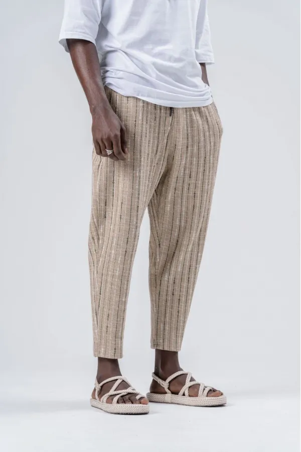 Pantalon de survêtement coupe droite à rayures camel pour homme, avec ceinture nouée à la taille, HZL24S-MXC8948-203
