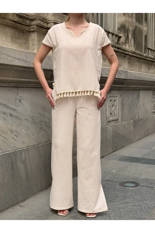 Women's Cream-Colored, Relaxed Fit Linen Top and Bottom Set with Tassel Detail HZL26S-VL14181