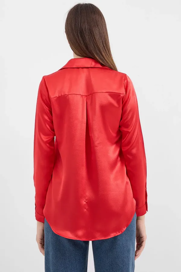 3964 Lightly Draped Satin Shirt - Burgundy