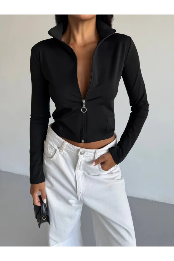 Women's Black Diving Fabric Zippered Finger-Tight Sweatshirt HZL25W-FRY123441