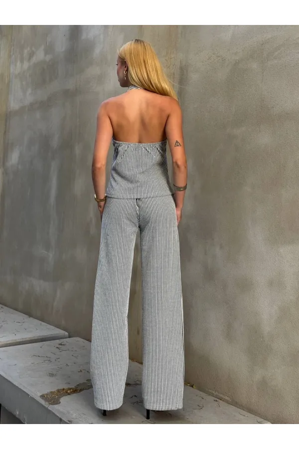 Kadın Siyah Çizgili Önü Fermuarlı Bluz Pantolon İkili Takım HZL25S-ZK13691
