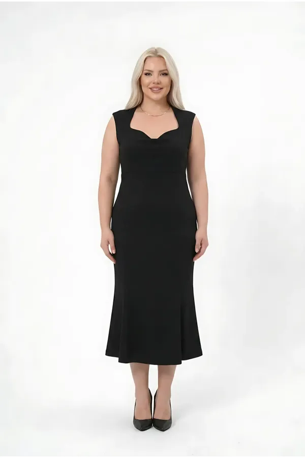 Women's Black Plus Size Sweetheart Neck Midi Dress HZL26S-ZSS150931