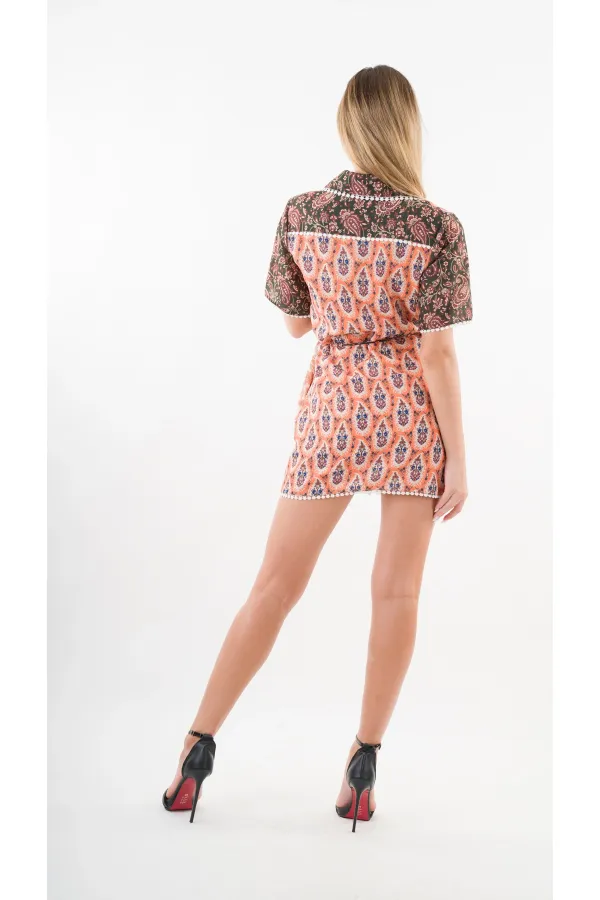 Kadın Kahverengi Sarı İp Kemerli Küpürlü Gömlek Görünümlü Elbise HZL24S-YY237