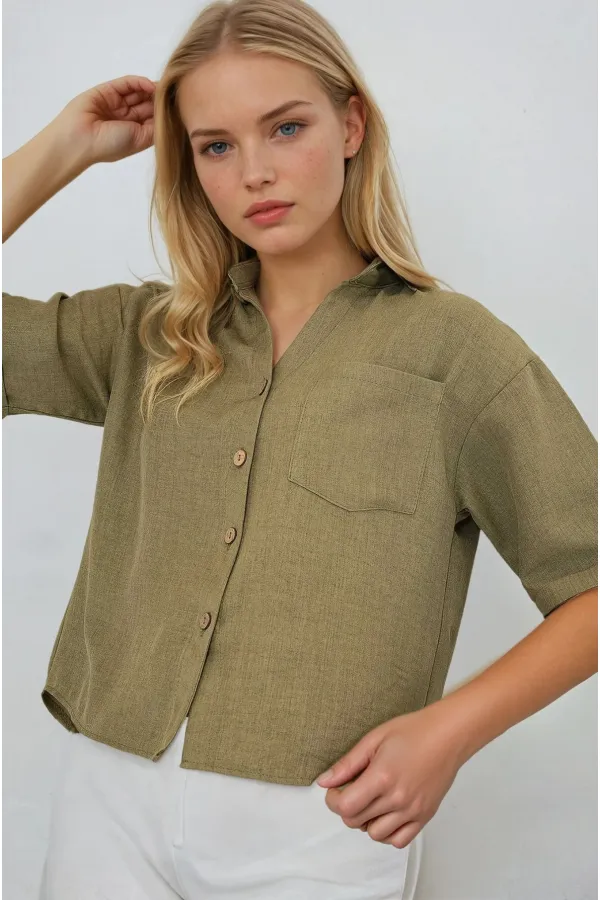 Kadın Haki Keten Görünümlü Crop Gömlek HZL25S-BD1203391