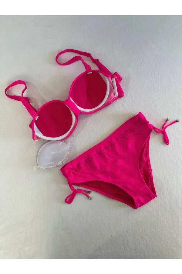 Women's Fuchsia Stone Embroidered Lined Bikini Set HZL25S-LC3361