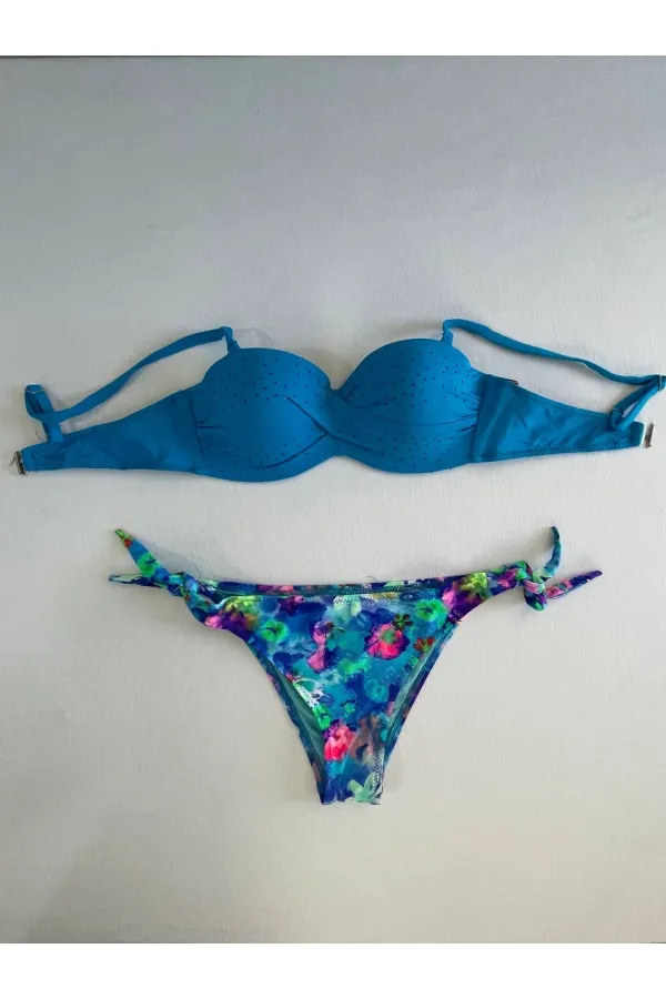 Kadın Mavi Taş İşlemeli Desenli Astarlı Bikini Takım HZL25S-LC203