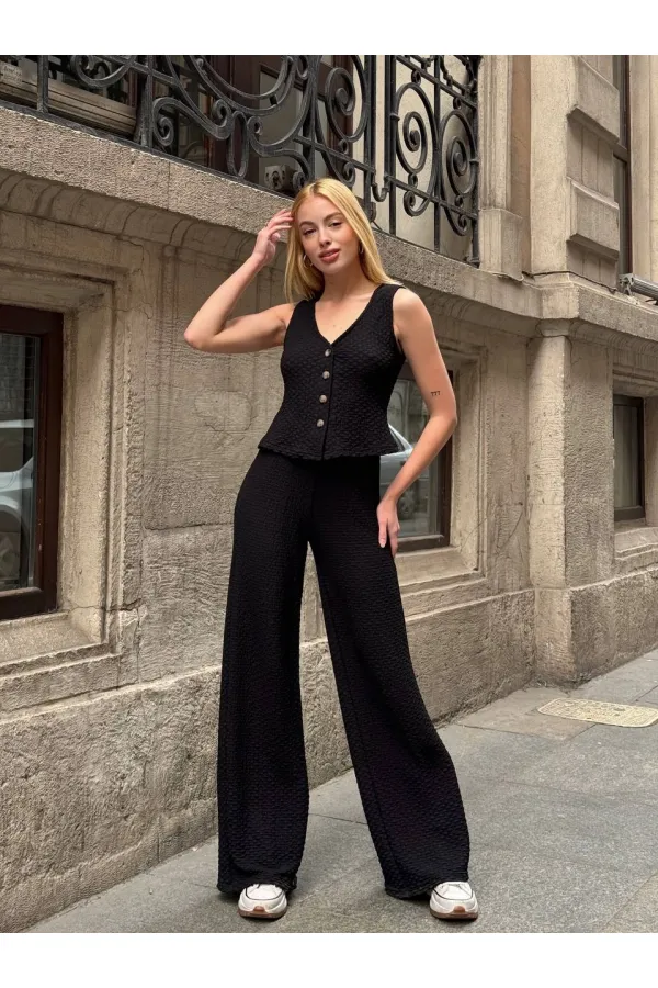Kadın Siyah Beli Lastilkli Gofre Kumaş Pantolon HZL24S-ZK13261