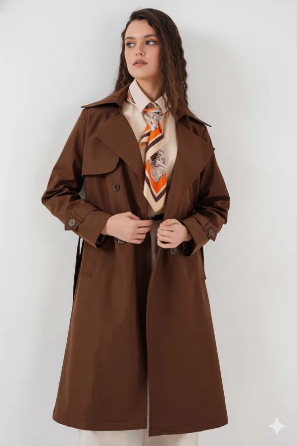 Women's Brown Double-Breasted Belted Lined Trench Coat HZL25W-BD159181