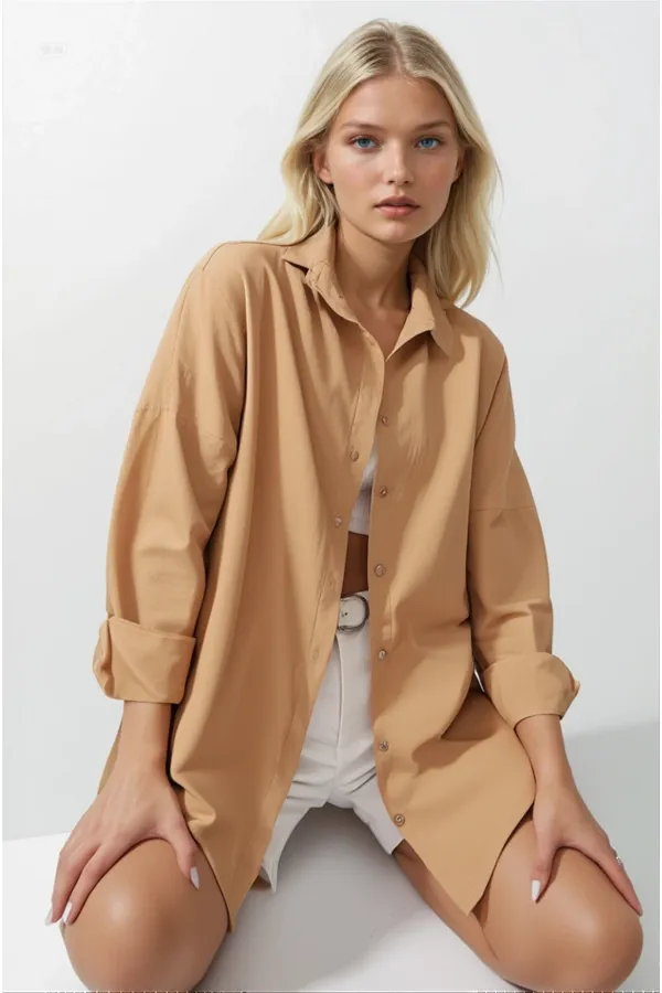 Kadın Camel Oversize Uzun Basic Gömlek  HZL22W-BD139001