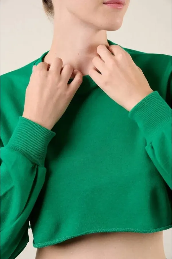 Sweat-shirt court basique vert à manches longues et col ras du cou pour femme HZL24W-ZK11351