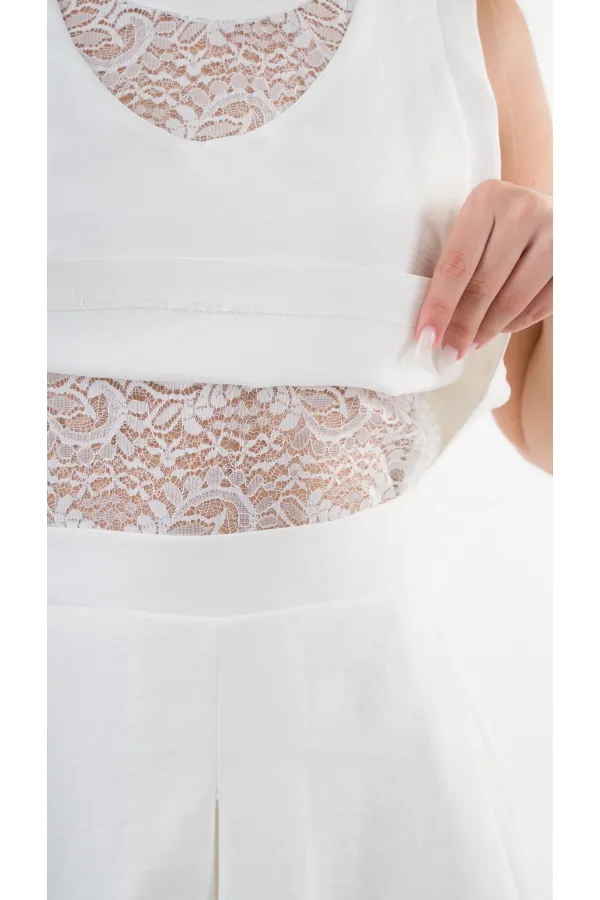 Kadın Beyaz Dantel Desenli Bisiklet Yaka Kolsuz Astarlı Elbise HZL24S-YY10021