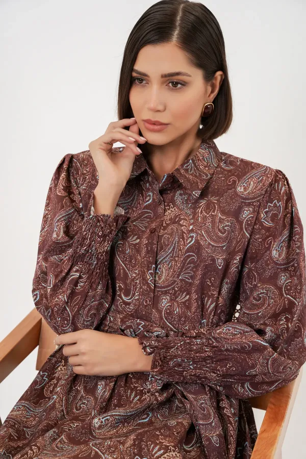 Kadın Kuşaklı Tesettür Elbise 2589 - Kahverengi