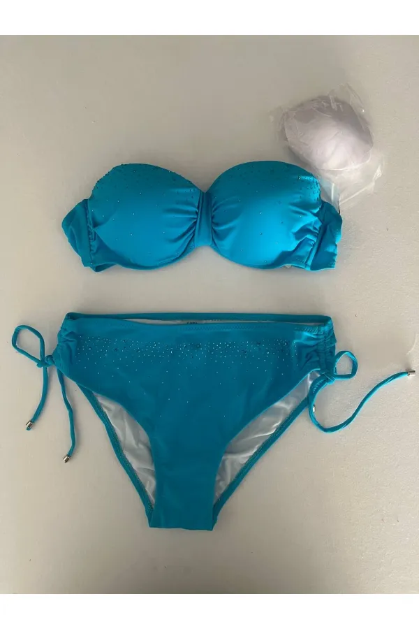 Women's Blue Stone Embroidered Lined Bikini Set HZL25S-LC3361