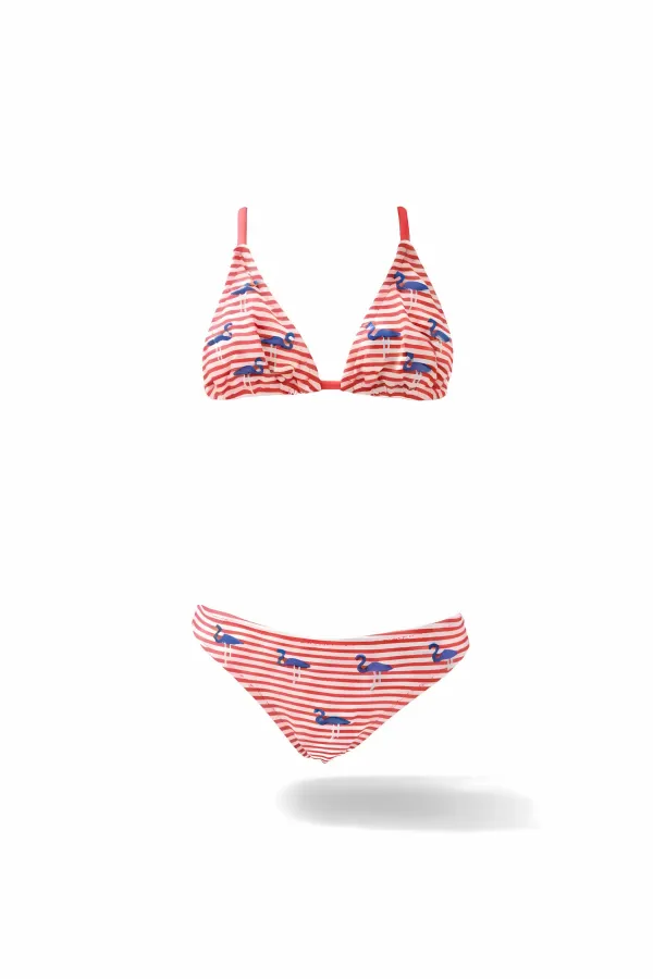 Kız Çocuk Pembe Beyaz Çizgili Flamingo Desenli  4-12 Yaş Üçgen Bikini Takım HZL24S-LC171