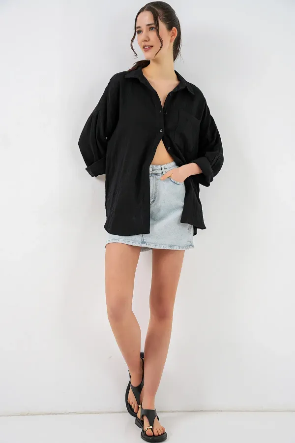 Women's Single Pocket Oversize Muslin Shirt 20353 - Black